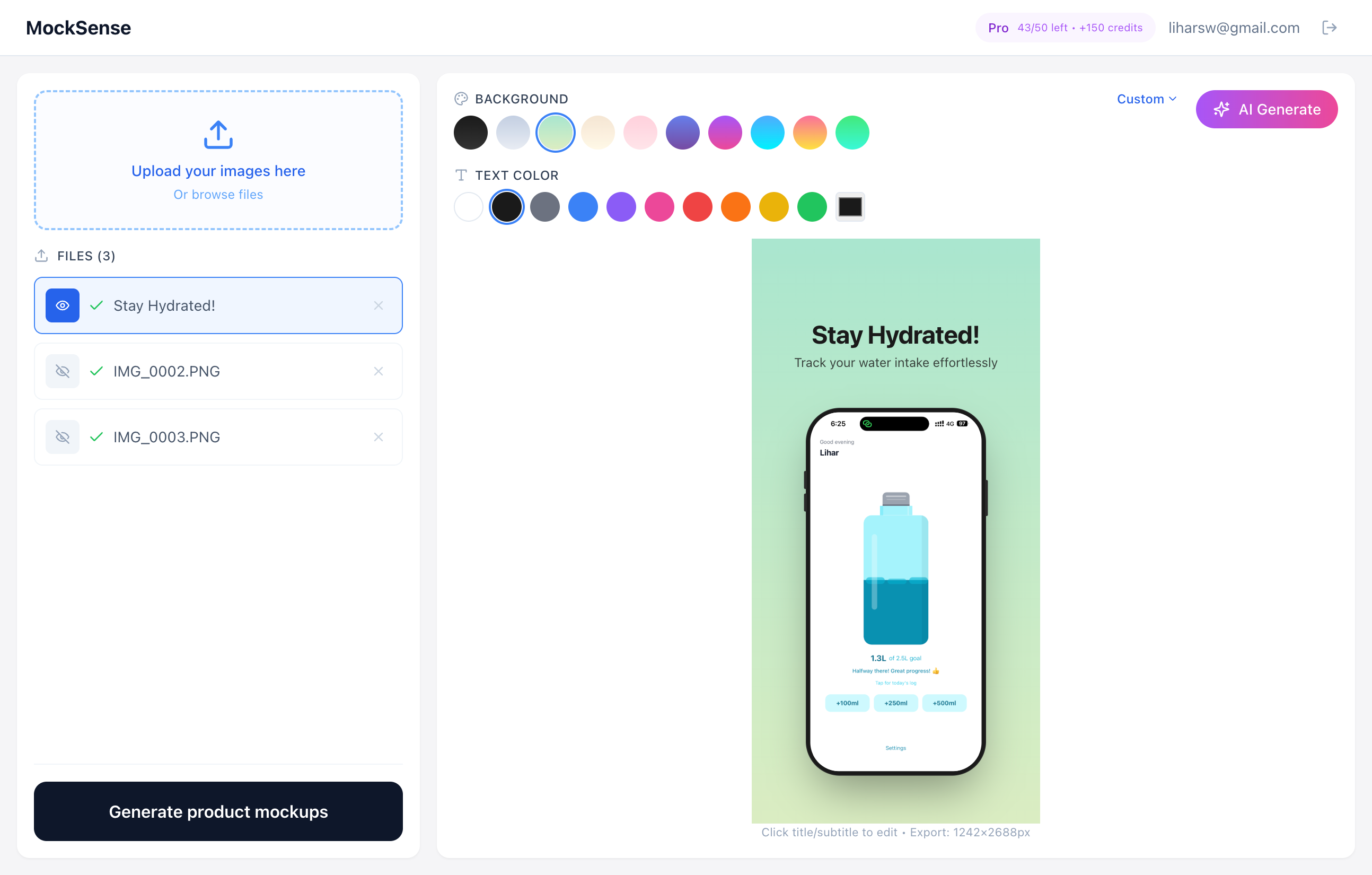 MockSense editor interface showing iPhone mockup with gradient background and editable title